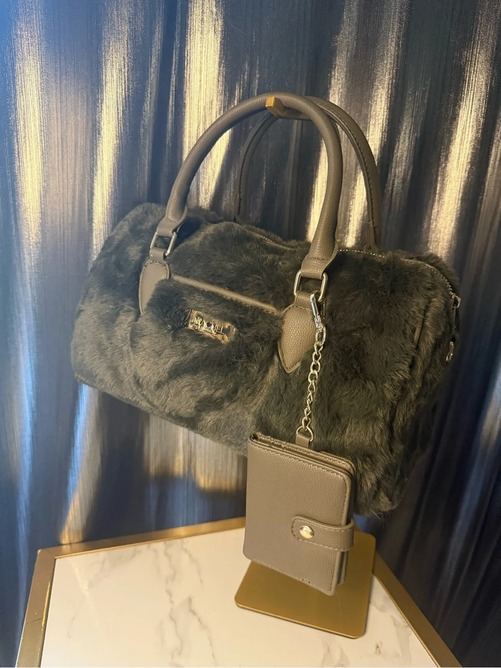 Faux Fur Satchel Handbag in olive green